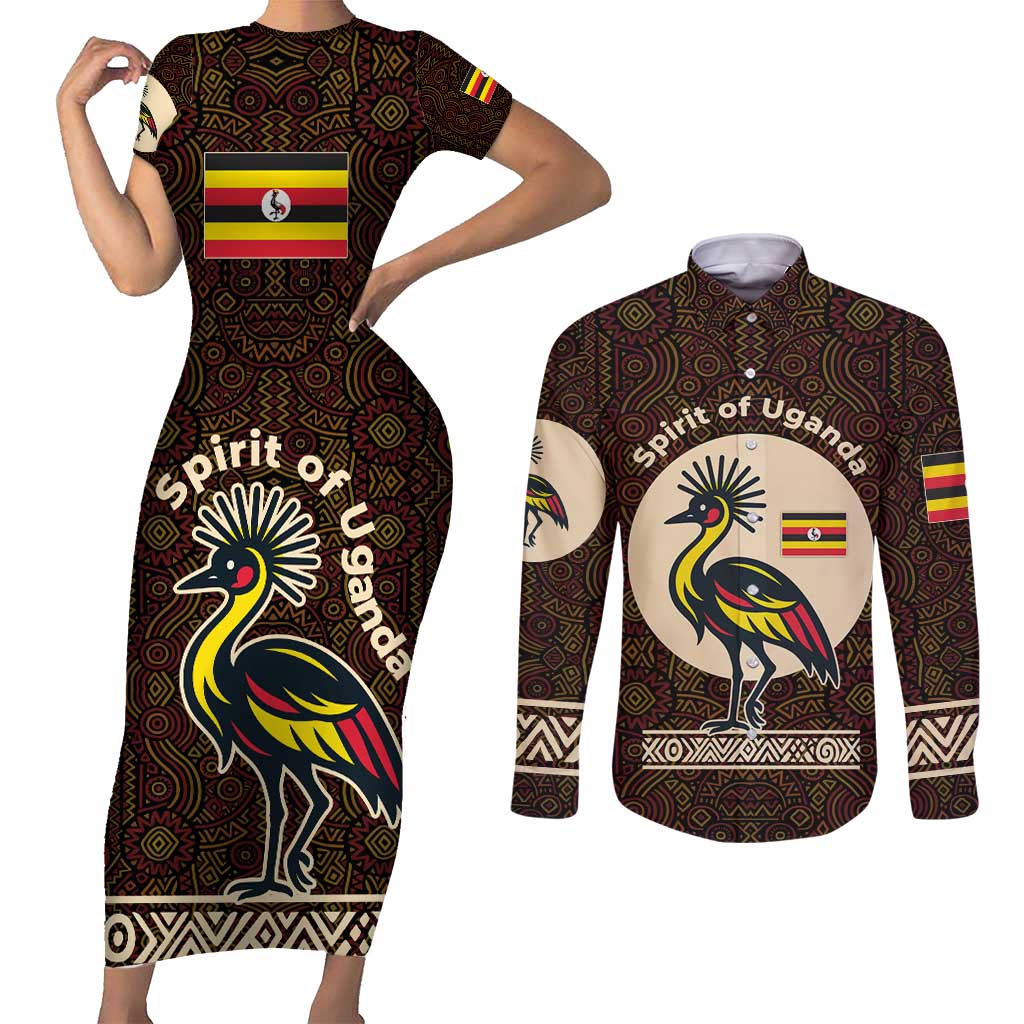 Uganda Couples Matching Short Sleeve Bodycon Dress and Long Sleeve Button Shirt with Grey Crowned Crane and Tribal Pattern Spirit of Uganda Theme