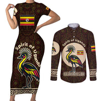 Uganda Couples Matching Short Sleeve Bodycon Dress and Long Sleeve Button Shirt with Grey Crowned Crane and Tribal Pattern Spirit of Uganda Theme