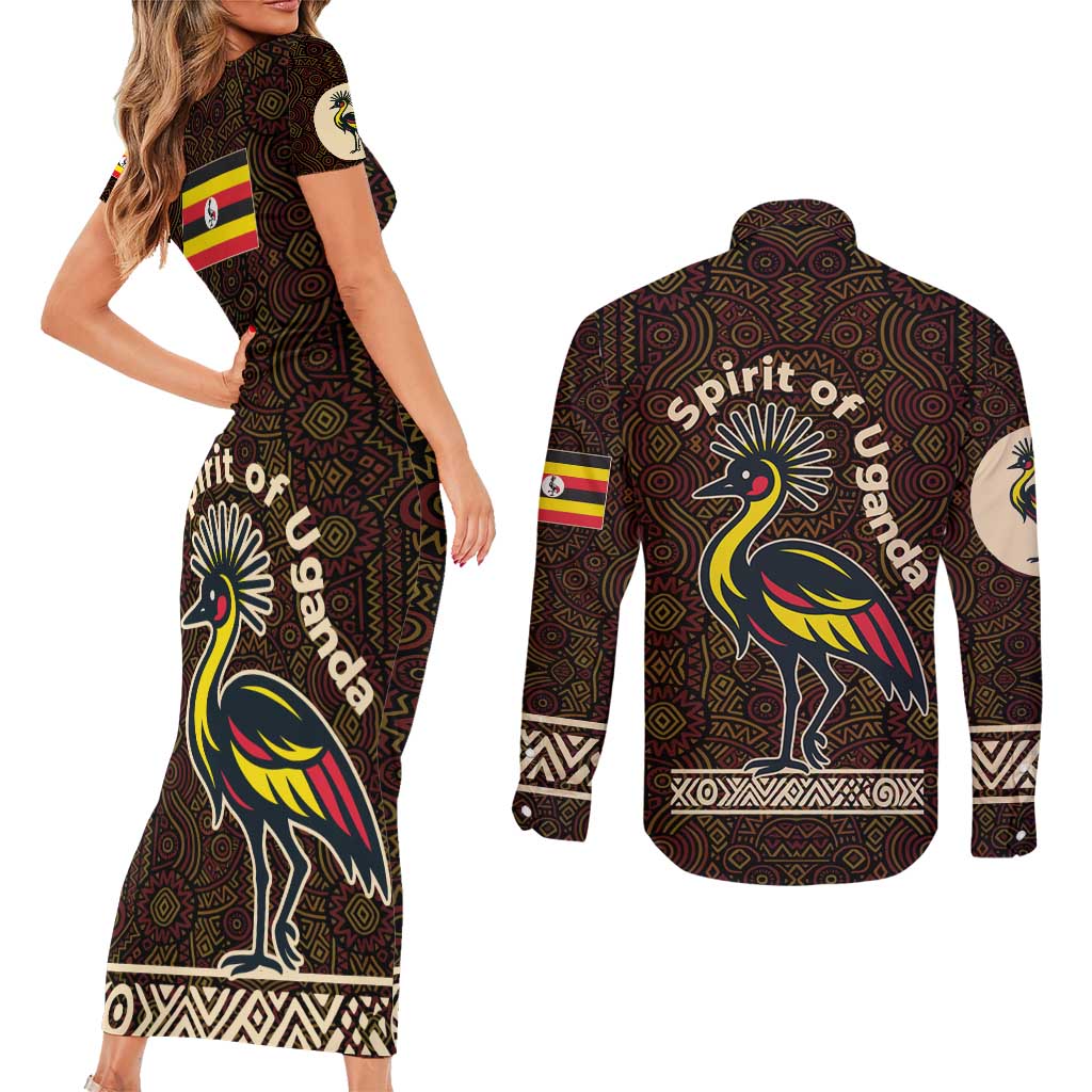 Uganda Couples Matching Short Sleeve Bodycon Dress and Long Sleeve Button Shirt with Grey Crowned Crane and Tribal Pattern Spirit of Uganda Theme