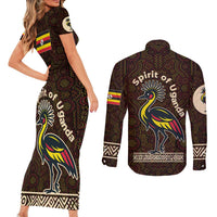 Uganda Couples Matching Short Sleeve Bodycon Dress and Long Sleeve Button Shirt with Grey Crowned Crane and Tribal Pattern Spirit of Uganda Theme