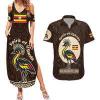 Uganda Couples Matching Summer Maxi Dress and Hawaiian Shirt with Grey Crowned Crane and Tribal Pattern Spirit of Uganda Theme