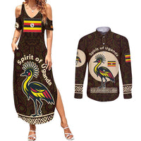 Uganda Couples Matching Summer Maxi Dress and Long Sleeve Button Shirt with Grey Crowned Crane and Tribal Pattern Spirit of Uganda Theme