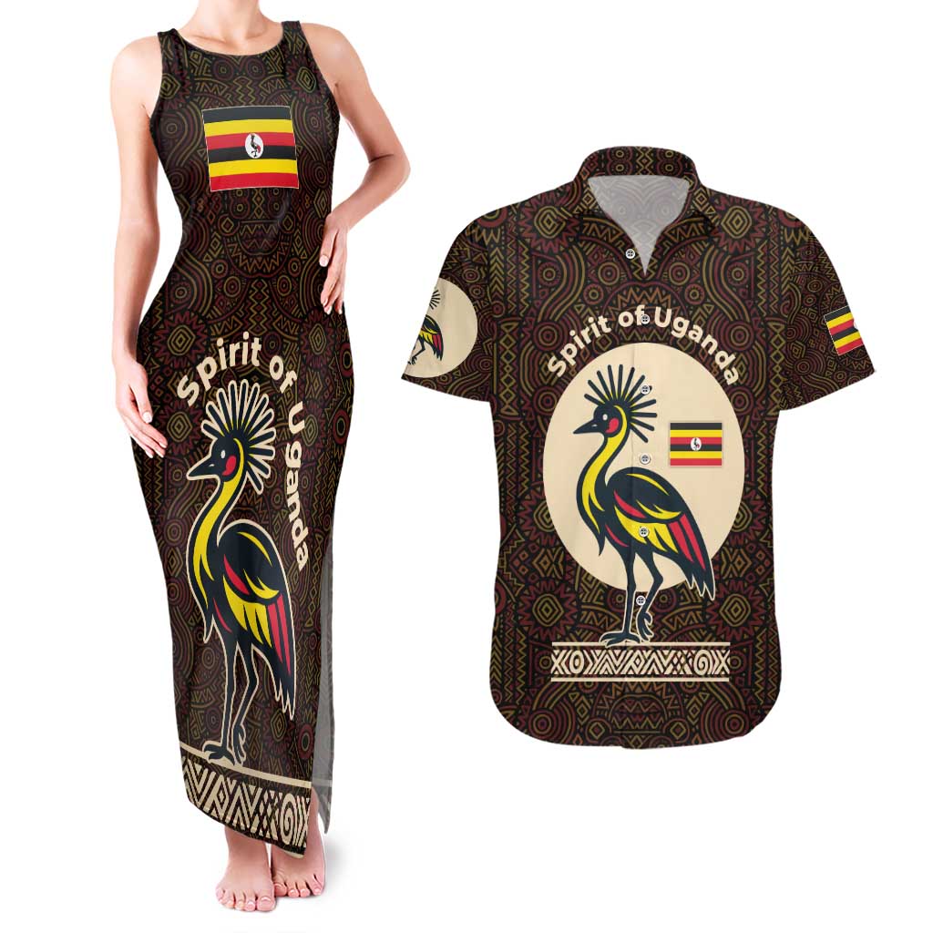 Uganda Couples Matching Tank Maxi Dress and Hawaiian Shirt with Grey Crowned Crane and Tribal Pattern Spirit of Uganda Theme