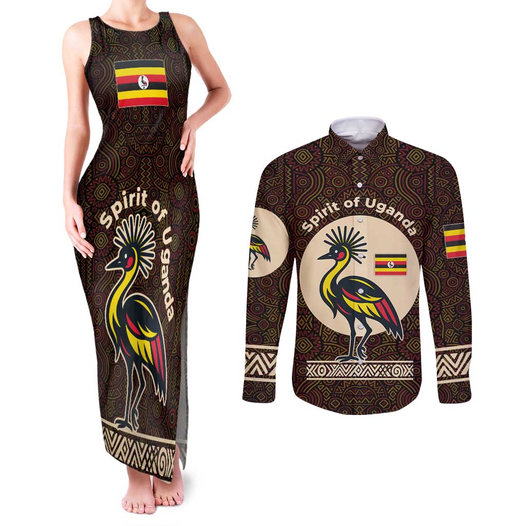 Uganda Couples Matching Tank Maxi Dress and Long Sleeve Button Shirt with Grey Crowned Crane and Tribal Pattern Spirit of Uganda Theme