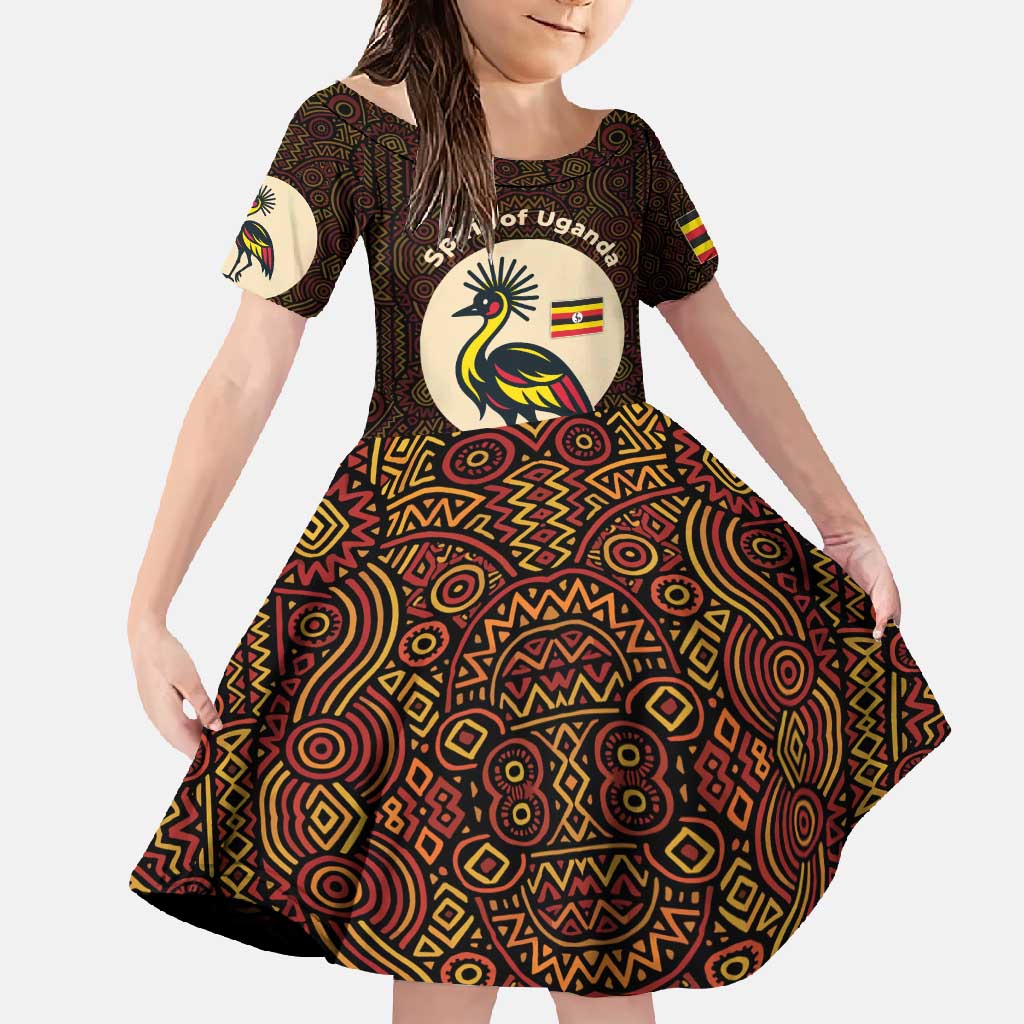 Uganda Family Matching Long Sleeve Bodycon Dress and Hawaiian Shirt with Grey Crowned Crane and Tribal Pattern Spirit of Uganda Theme