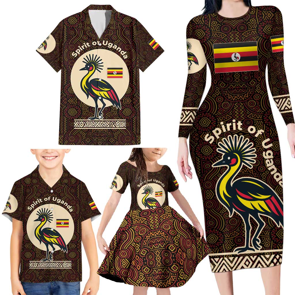 Uganda Family Matching Long Sleeve Bodycon Dress and Hawaiian Shirt with Grey Crowned Crane and Tribal Pattern Spirit of Uganda Theme