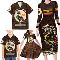 Uganda Family Matching Long Sleeve Bodycon Dress and Hawaiian Shirt with Grey Crowned Crane and Tribal Pattern Spirit of Uganda Theme