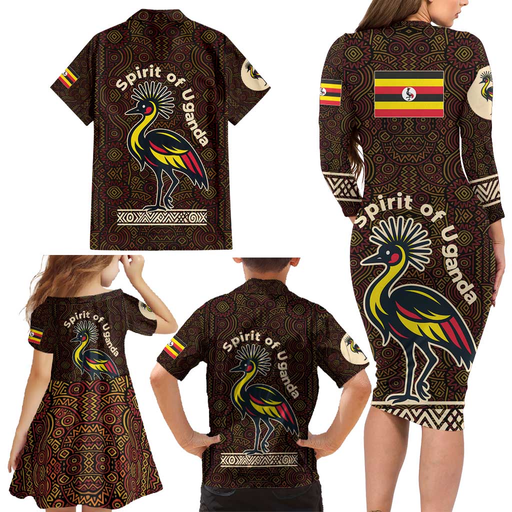 Uganda Family Matching Long Sleeve Bodycon Dress and Hawaiian Shirt with Grey Crowned Crane and Tribal Pattern Spirit of Uganda Theme