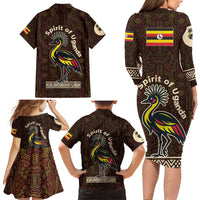 Uganda Family Matching Long Sleeve Bodycon Dress and Hawaiian Shirt with Grey Crowned Crane and Tribal Pattern Spirit of Uganda Theme