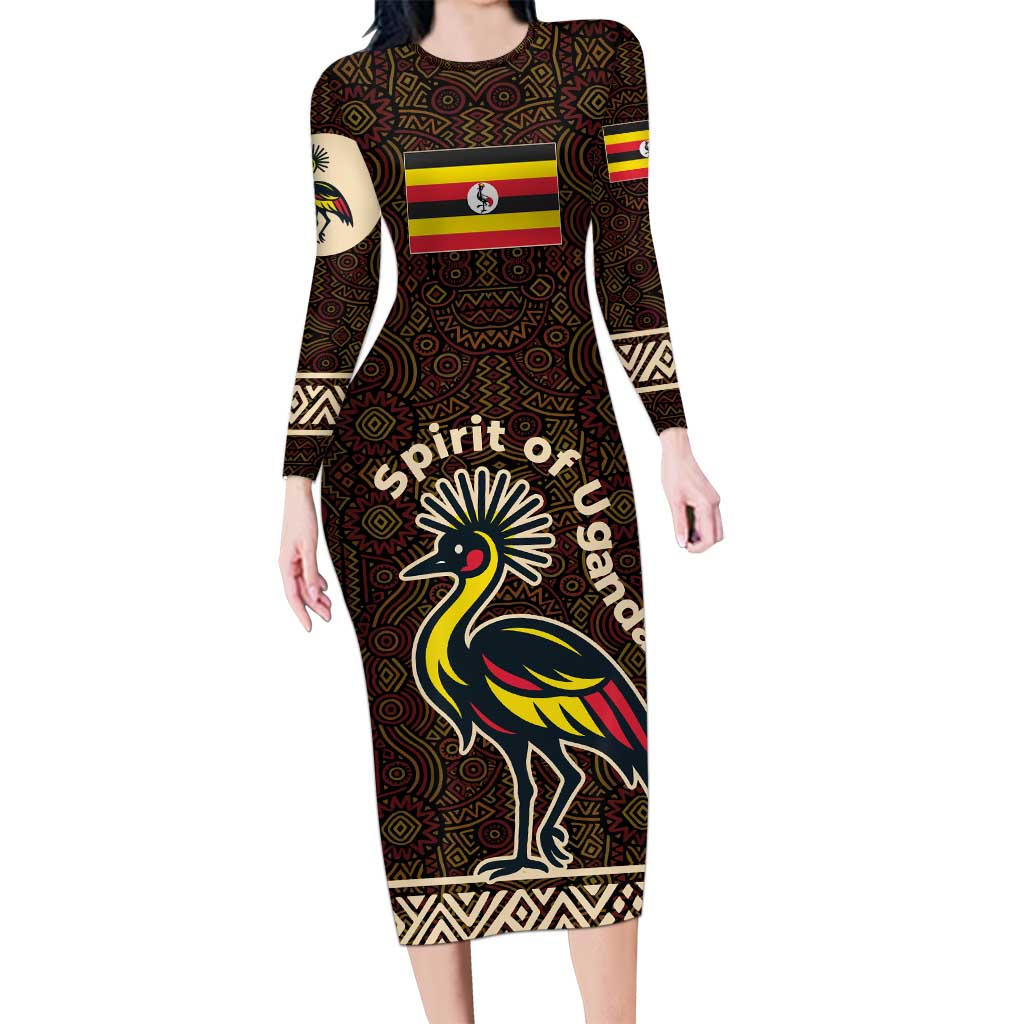 Uganda Family Matching Long Sleeve Bodycon Dress and Hawaiian Shirt with Grey Crowned Crane and Tribal Pattern Spirit of Uganda Theme