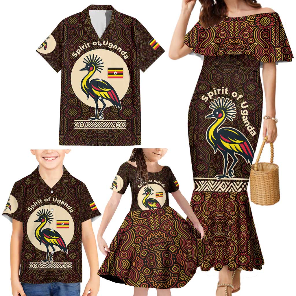 Uganda Family Matching Mermaid Dress and Hawaiian Shirt with Grey Crowned Crane and Tribal Pattern Spirit of Uganda Theme