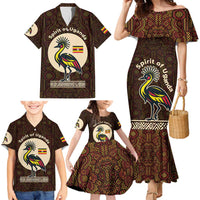 Uganda Family Matching Mermaid Dress and Hawaiian Shirt with Grey Crowned Crane and Tribal Pattern Spirit of Uganda Theme
