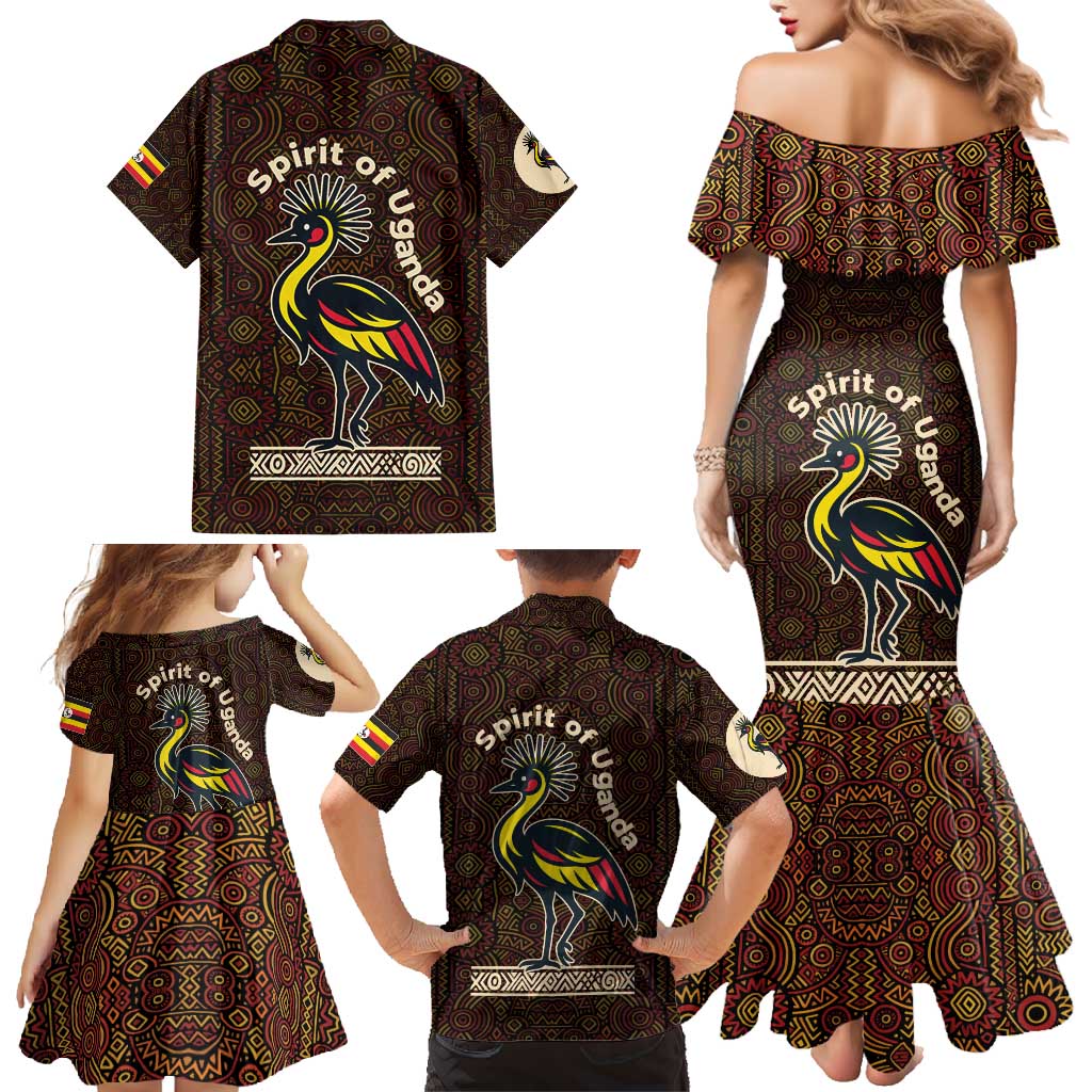 Uganda Family Matching Mermaid Dress and Hawaiian Shirt with Grey Crowned Crane and Tribal Pattern Spirit of Uganda Theme