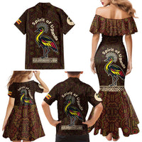 Uganda Family Matching Mermaid Dress and Hawaiian Shirt with Grey Crowned Crane and Tribal Pattern Spirit of Uganda Theme