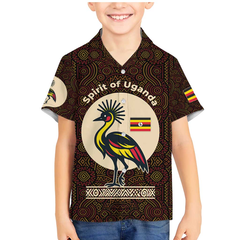 Uganda Family Matching Mermaid Dress and Hawaiian Shirt with Grey Crowned Crane and Tribal Pattern Spirit of Uganda Theme