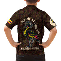 Uganda Family Matching Off The Shoulder Long Sleeve Dress and Hawaiian Shirt with Grey Crowned Crane and Tribal Pattern Spirit of Uganda Theme
