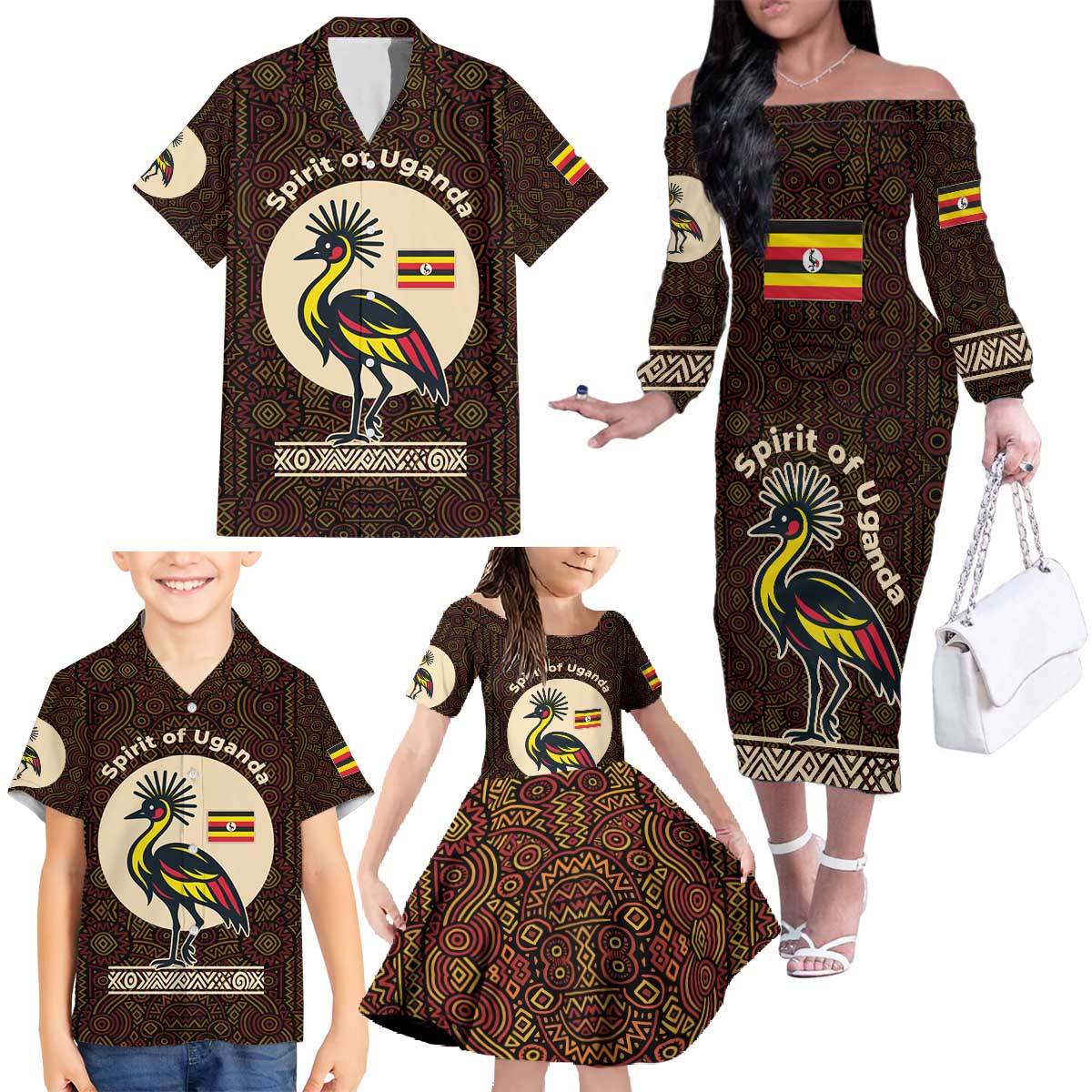 Uganda Family Matching Off The Shoulder Long Sleeve Dress and Hawaiian Shirt with Grey Crowned Crane and Tribal Pattern Spirit of Uganda Theme