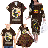 Uganda Family Matching Off The Shoulder Long Sleeve Dress and Hawaiian Shirt with Grey Crowned Crane and Tribal Pattern Spirit of Uganda Theme