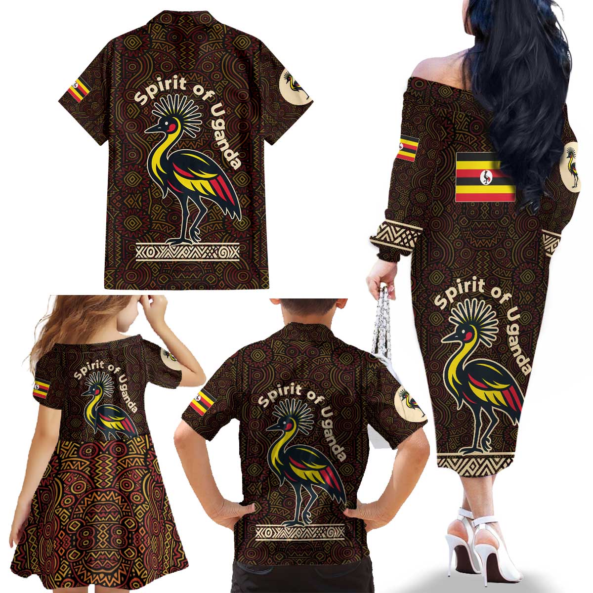 Uganda Family Matching Off The Shoulder Long Sleeve Dress and Hawaiian Shirt with Grey Crowned Crane and Tribal Pattern Spirit of Uganda Theme