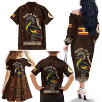 Uganda Family Matching Off The Shoulder Long Sleeve Dress and Hawaiian Shirt with Grey Crowned Crane and Tribal Pattern Spirit of Uganda Theme