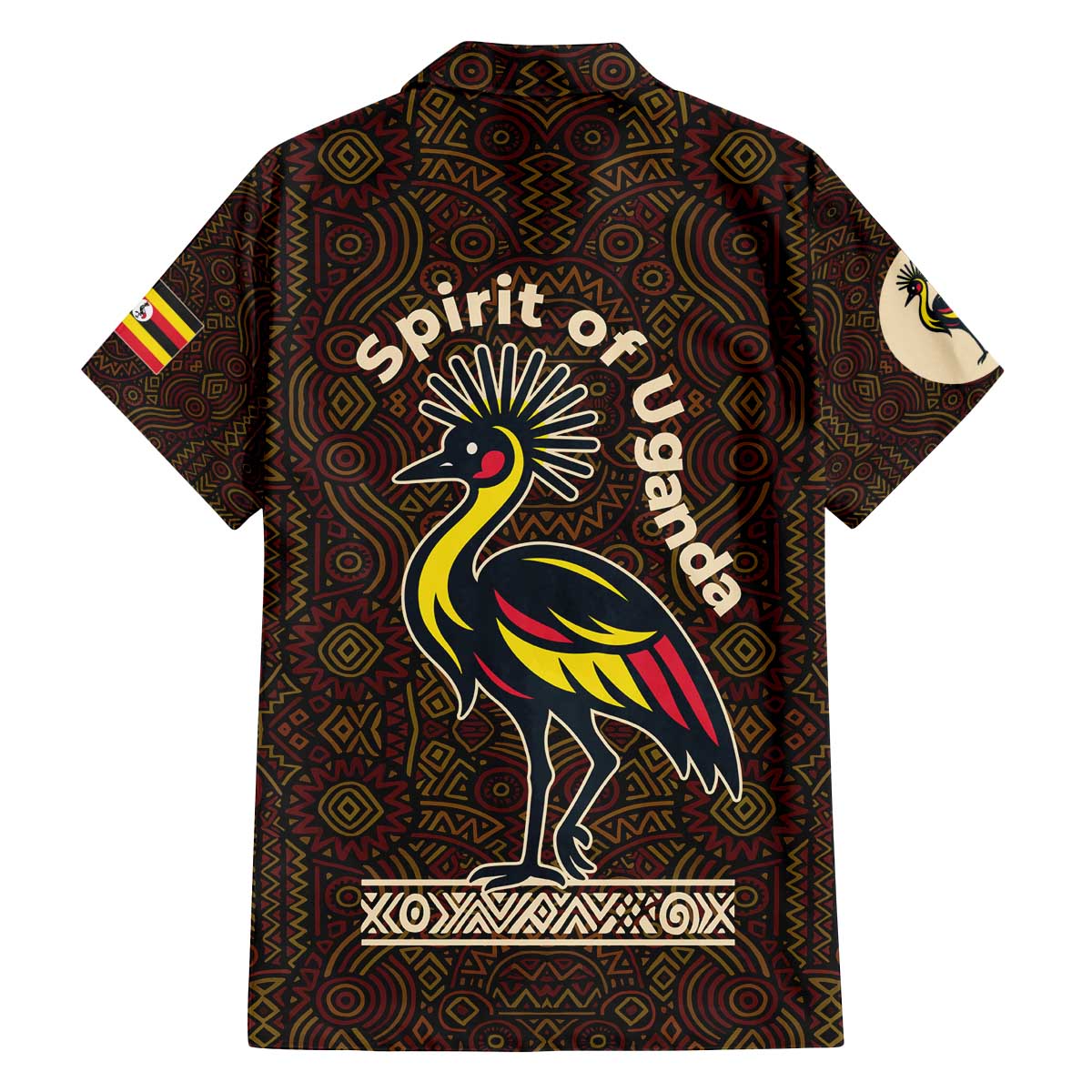 Uganda Family Matching Off The Shoulder Long Sleeve Dress and Hawaiian Shirt with Grey Crowned Crane and Tribal Pattern Spirit of Uganda Theme
