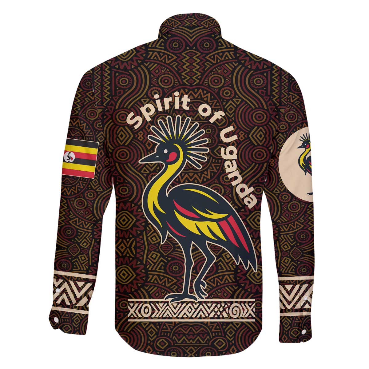 Uganda Family Matching Off The Shoulder Long Sleeve Dress and Hawaiian Shirt with Grey Crowned Crane and Tribal Pattern Spirit of Uganda Theme