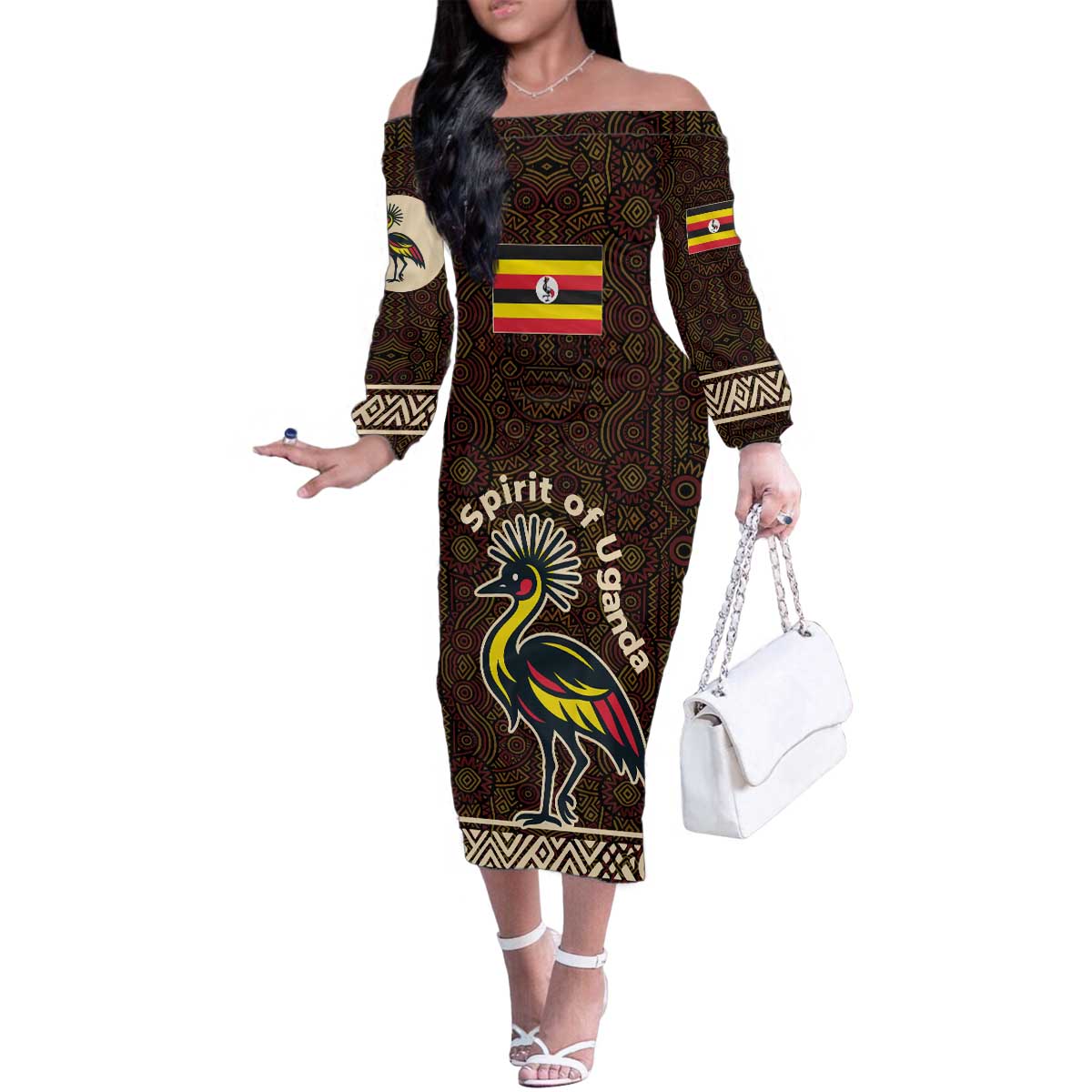 Uganda Family Matching Off The Shoulder Long Sleeve Dress and Hawaiian Shirt with Grey Crowned Crane and Tribal Pattern Spirit of Uganda Theme