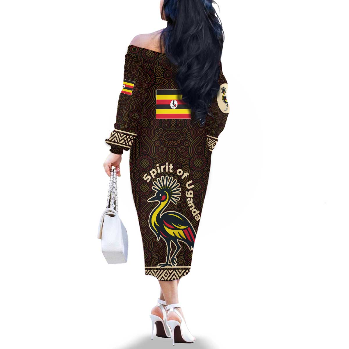 Uganda Family Matching Off The Shoulder Long Sleeve Dress and Hawaiian Shirt with Grey Crowned Crane and Tribal Pattern Spirit of Uganda Theme