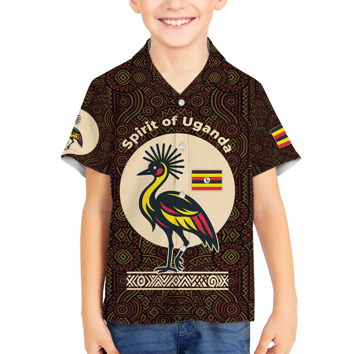 Uganda Family Matching Off The Shoulder Long Sleeve Dress and Hawaiian Shirt with Grey Crowned Crane and Tribal Pattern Spirit of Uganda Theme