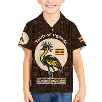 Uganda Family Matching Off The Shoulder Long Sleeve Dress and Hawaiian Shirt with Grey Crowned Crane and Tribal Pattern Spirit of Uganda Theme
