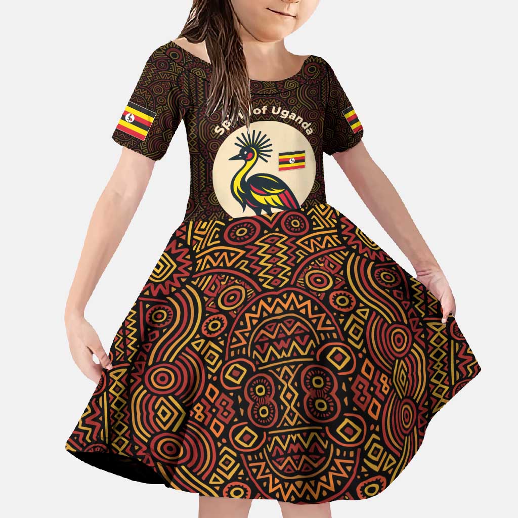 Uganda Family Matching Off Shoulder Maxi Dress and Hawaiian Shirt with Grey Crowned Crane and Tribal Pattern Spirit of Uganda Theme