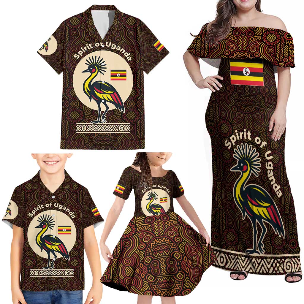 Uganda Family Matching Off Shoulder Maxi Dress and Hawaiian Shirt with Grey Crowned Crane and Tribal Pattern Spirit of Uganda Theme