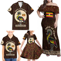 Uganda Family Matching Off Shoulder Maxi Dress and Hawaiian Shirt with Grey Crowned Crane and Tribal Pattern Spirit of Uganda Theme
