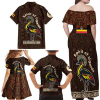 Uganda Family Matching Off Shoulder Maxi Dress and Hawaiian Shirt with Grey Crowned Crane and Tribal Pattern Spirit of Uganda Theme