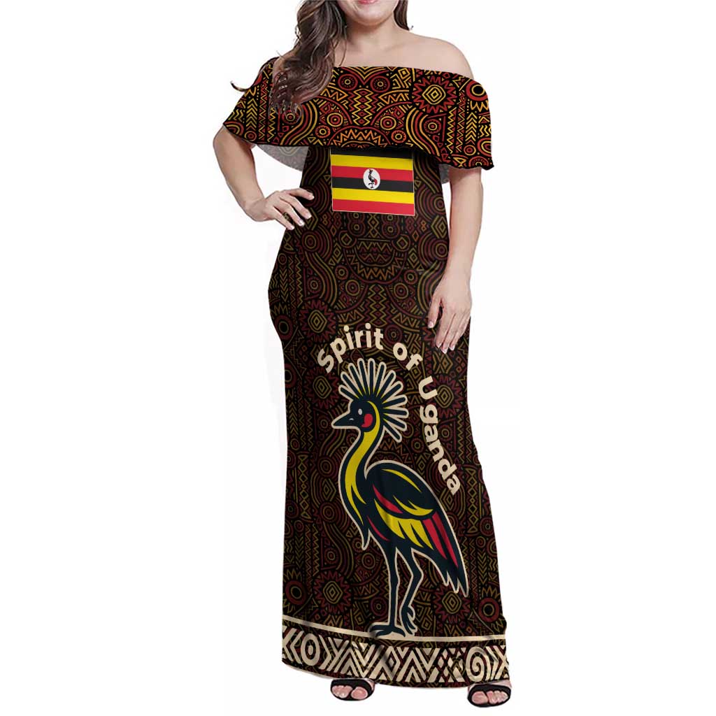 Uganda Family Matching Off Shoulder Maxi Dress and Hawaiian Shirt with Grey Crowned Crane and Tribal Pattern Spirit of Uganda Theme