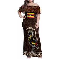 Uganda Family Matching Off Shoulder Maxi Dress and Hawaiian Shirt with Grey Crowned Crane and Tribal Pattern Spirit of Uganda Theme