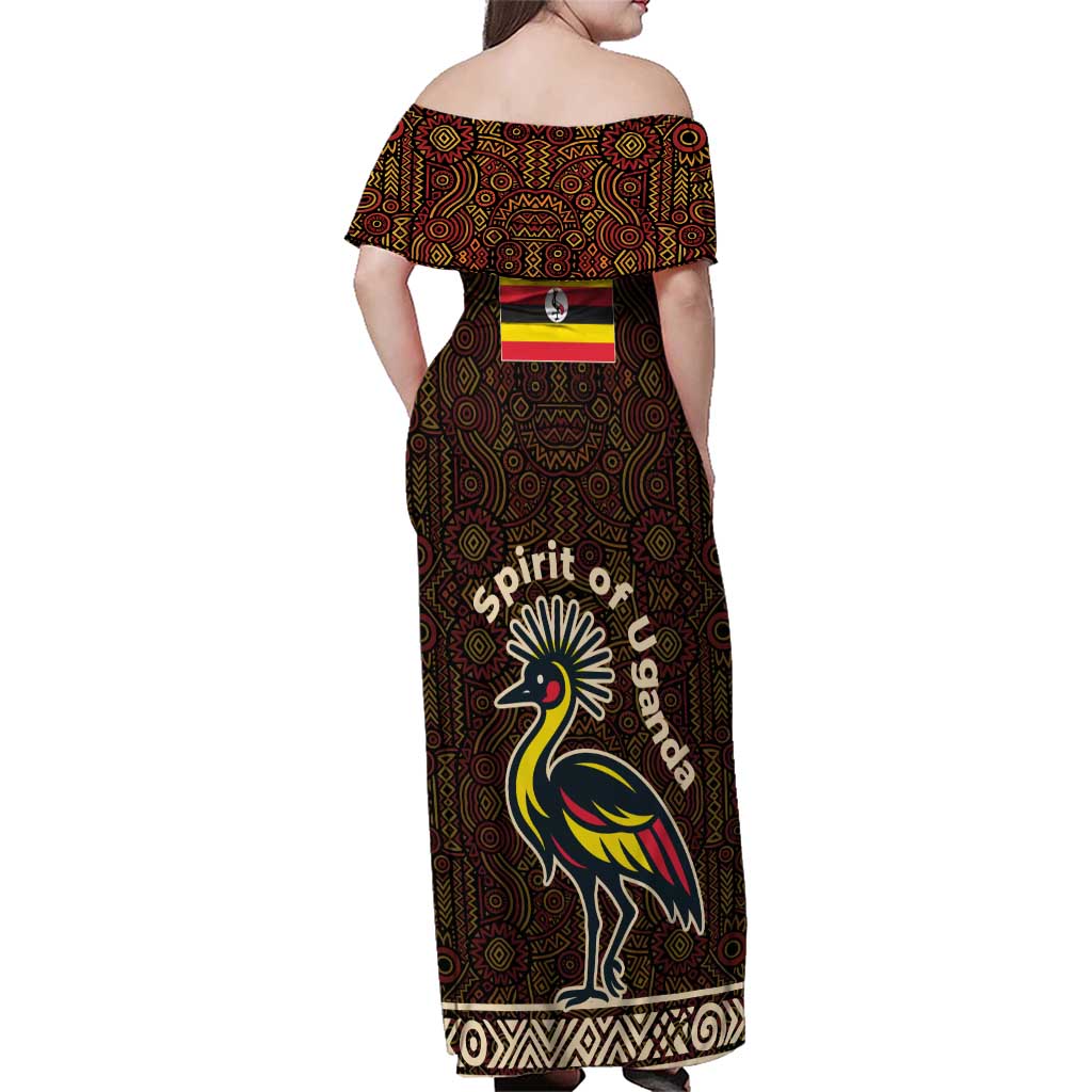 Uganda Family Matching Off Shoulder Maxi Dress and Hawaiian Shirt with Grey Crowned Crane and Tribal Pattern Spirit of Uganda Theme