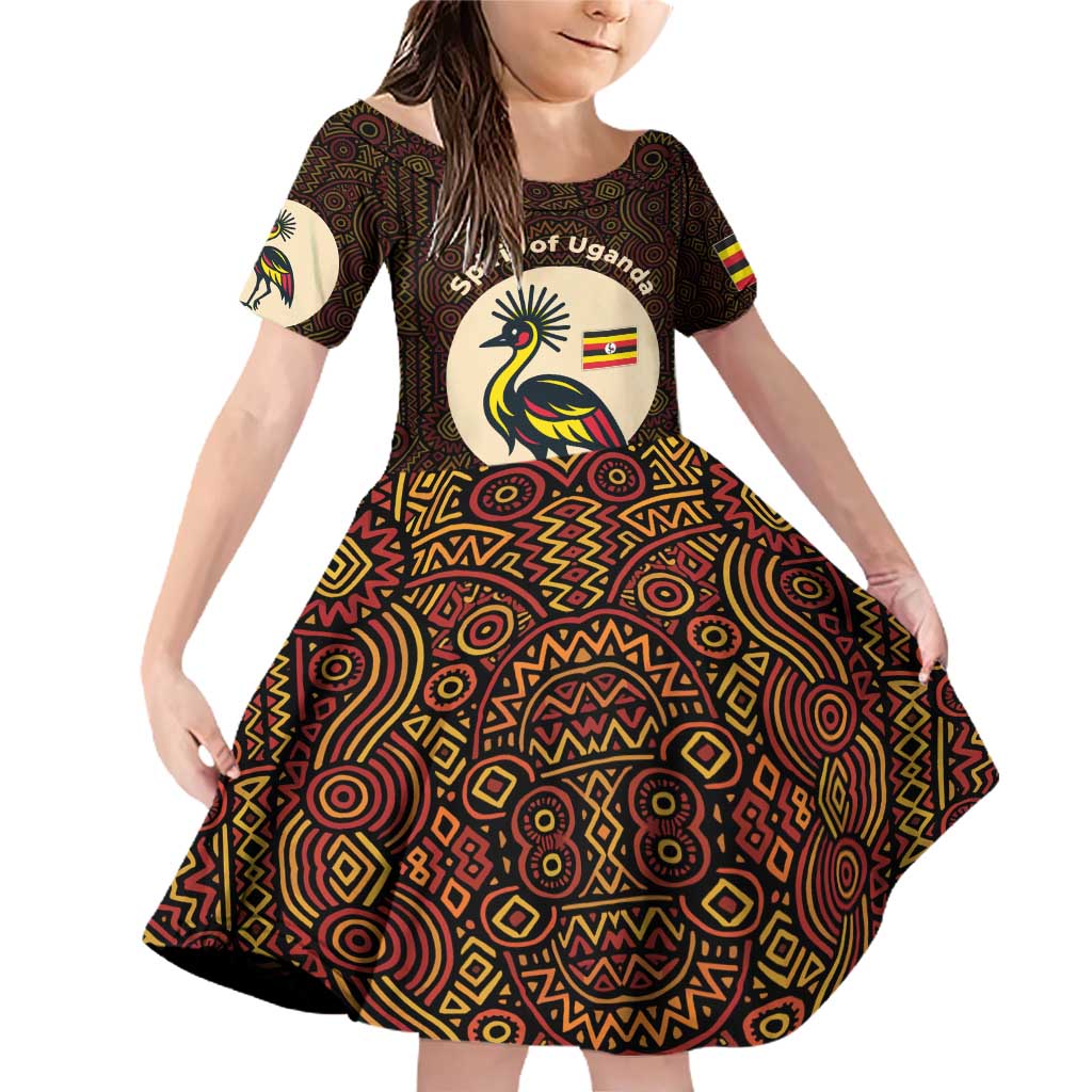 Uganda Family Matching Off Shoulder Short Dress and Hawaiian Shirt with Grey Crowned Crane and Tribal Pattern Spirit of Uganda Theme