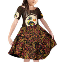 Uganda Family Matching Off Shoulder Short Dress and Hawaiian Shirt with Grey Crowned Crane and Tribal Pattern Spirit of Uganda Theme