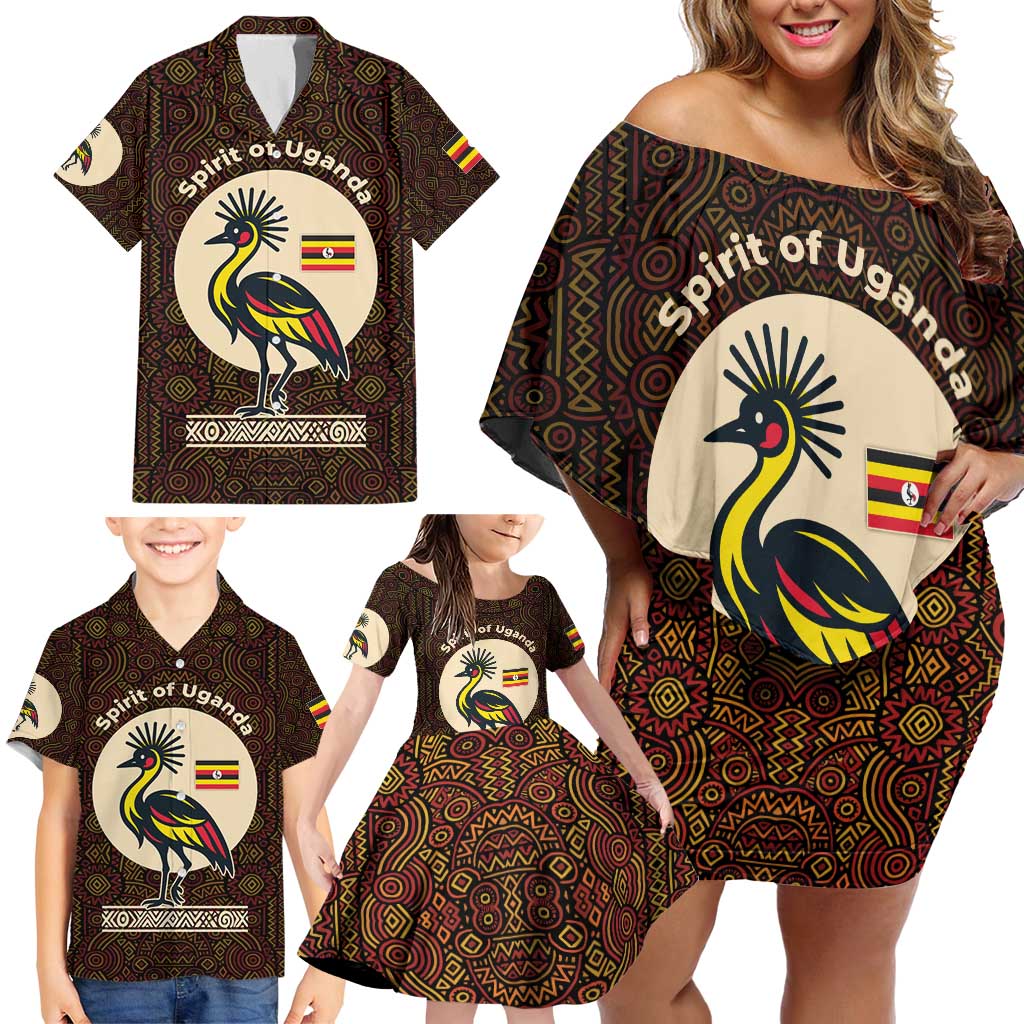 Uganda Family Matching Off Shoulder Short Dress and Hawaiian Shirt with Grey Crowned Crane and Tribal Pattern Spirit of Uganda Theme