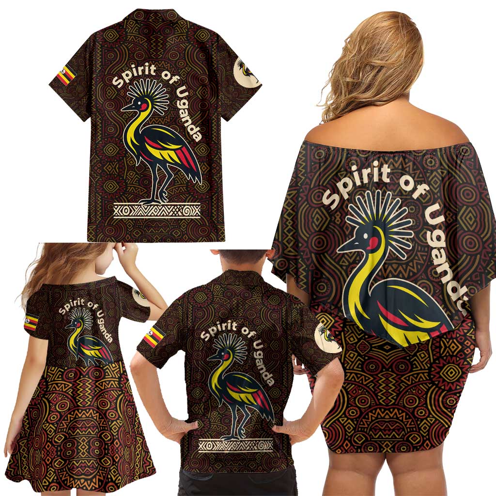 Uganda Family Matching Off Shoulder Short Dress and Hawaiian Shirt with Grey Crowned Crane and Tribal Pattern Spirit of Uganda Theme