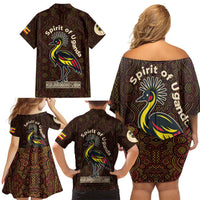 Uganda Family Matching Off Shoulder Short Dress and Hawaiian Shirt with Grey Crowned Crane and Tribal Pattern Spirit of Uganda Theme