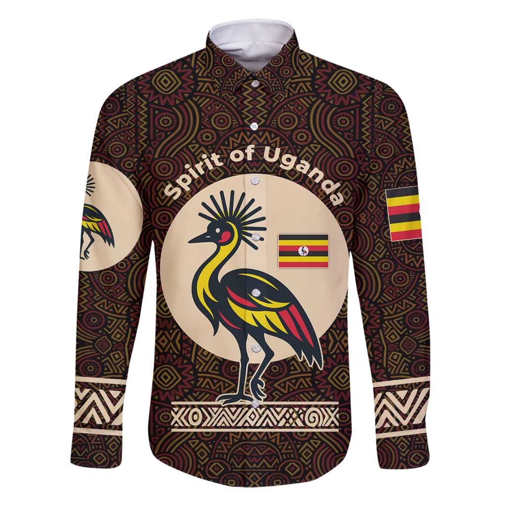 Uganda Family Matching Off Shoulder Short Dress and Hawaiian Shirt with Grey Crowned Crane and Tribal Pattern Spirit of Uganda Theme