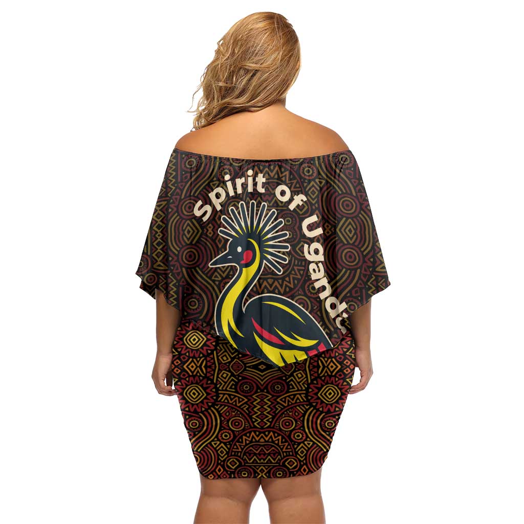 Uganda Family Matching Off Shoulder Short Dress and Hawaiian Shirt with Grey Crowned Crane and Tribal Pattern Spirit of Uganda Theme