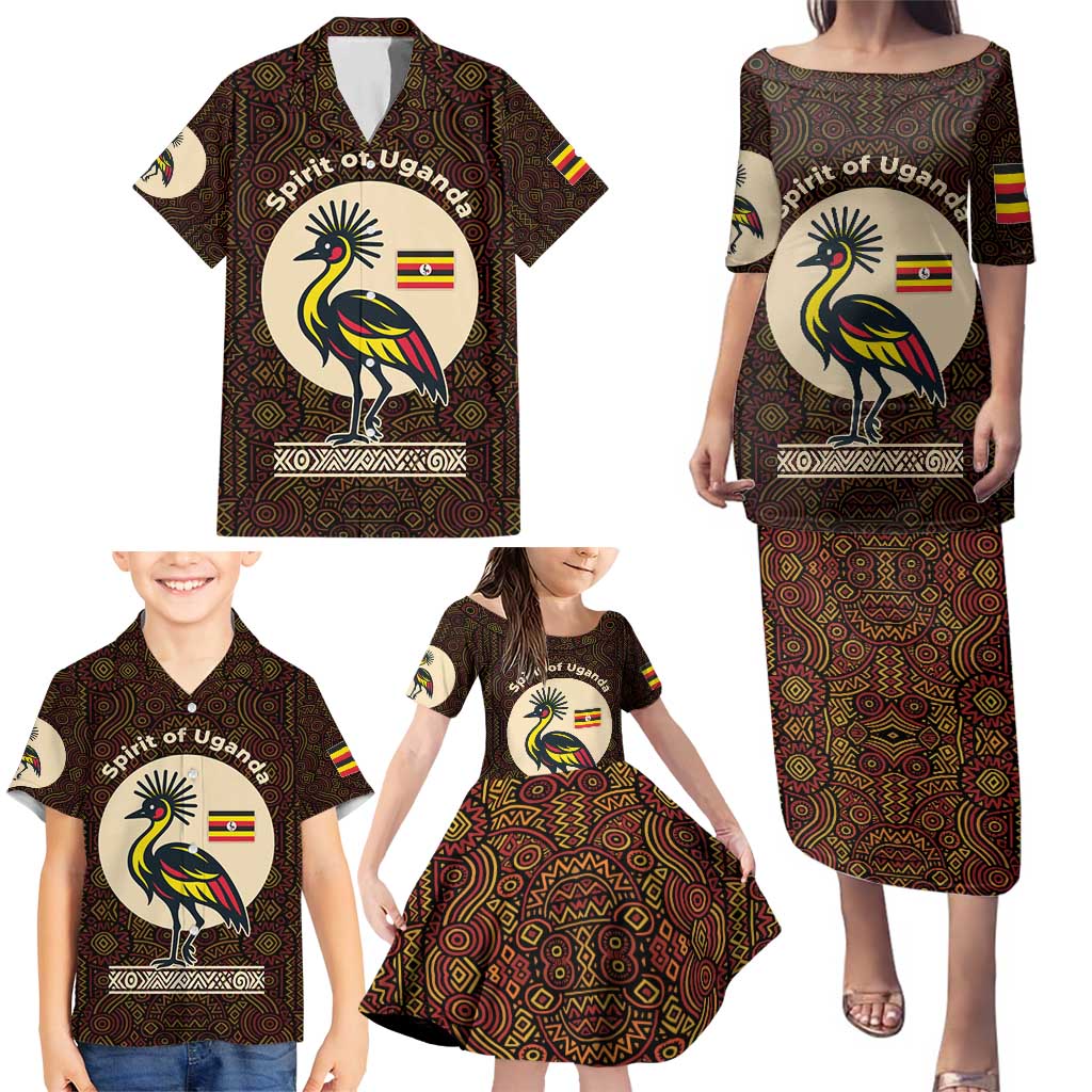 Uganda Family Matching Puletasi and Hawaiian Shirt with Grey Crowned Crane and Tribal Pattern Spirit of Uganda Theme