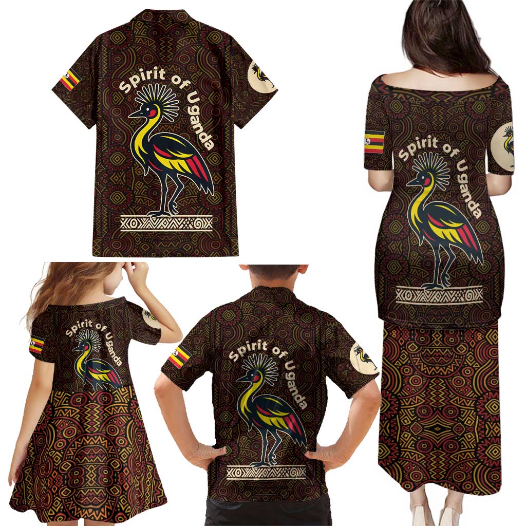 Uganda Family Matching Puletasi and Hawaiian Shirt with Grey Crowned Crane and Tribal Pattern Spirit of Uganda Theme
