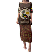 Uganda Family Matching Puletasi and Hawaiian Shirt with Grey Crowned Crane and Tribal Pattern Spirit of Uganda Theme