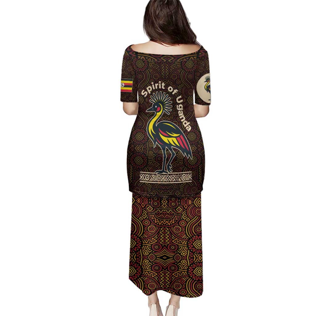 Uganda Family Matching Puletasi and Hawaiian Shirt with Grey Crowned Crane and Tribal Pattern Spirit of Uganda Theme