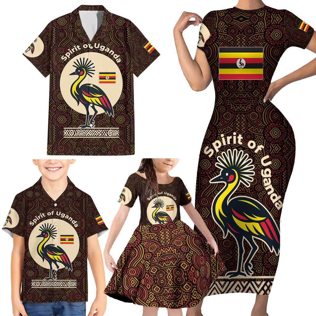 Uganda Family Matching Short Sleeve Bodycon Dress and Hawaiian Shirt with Grey Crowned Crane and Tribal Pattern Spirit of Uganda Theme