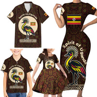 Uganda Family Matching Short Sleeve Bodycon Dress and Hawaiian Shirt with Grey Crowned Crane and Tribal Pattern Spirit of Uganda Theme